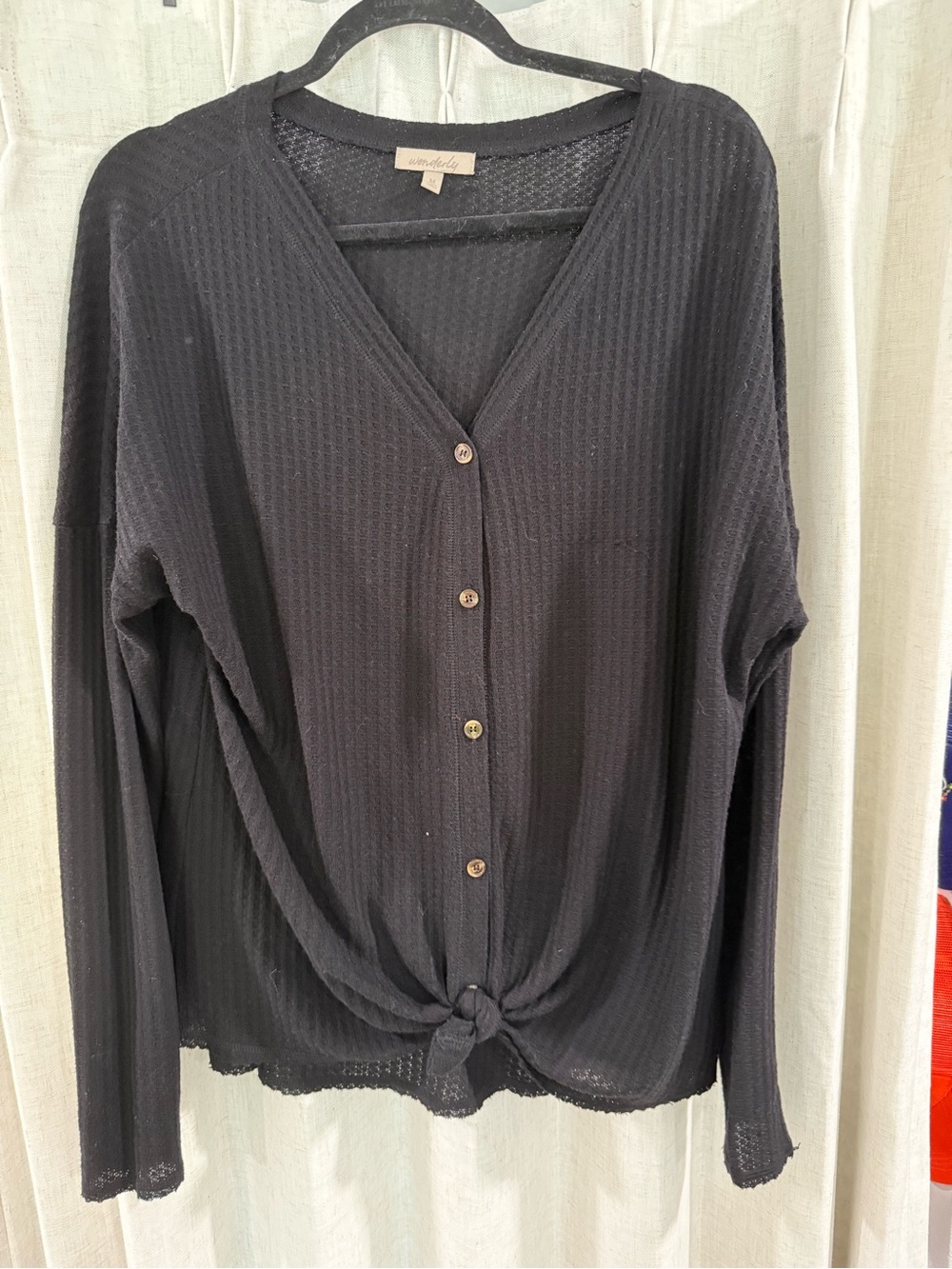 Wonderly Black Waffle Knit Button-Front Top with Front Tie
